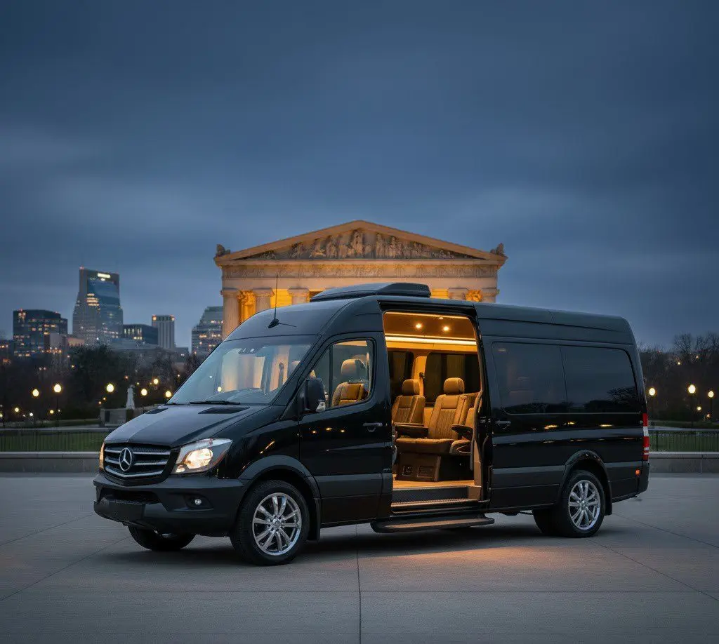 Black executive Sprinter van with open door and lit interior in front of the Parthenon at Centennial Park, Nashville