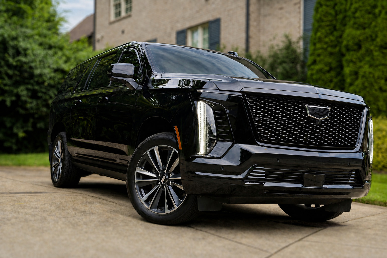 Black Cadillac Escalade ESV chauffeur service in Nashville — front three-quarter view