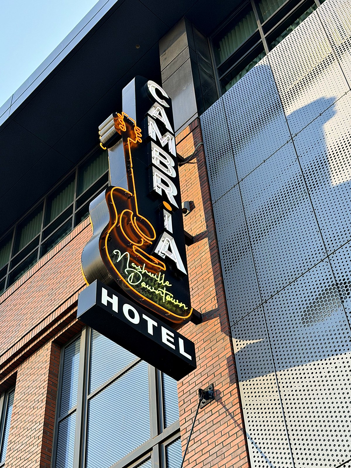 Cambria Hotel neon guitar sign in SoBro Nashville