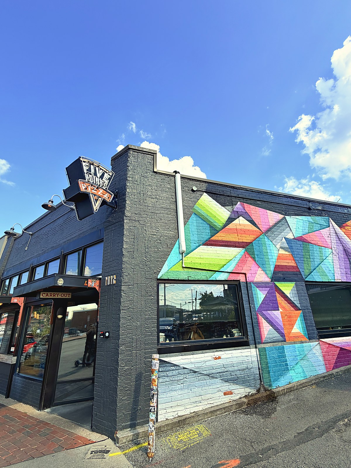 Five Points Pizza at 1012 Woodland St, East Nashville, with its geometric mural