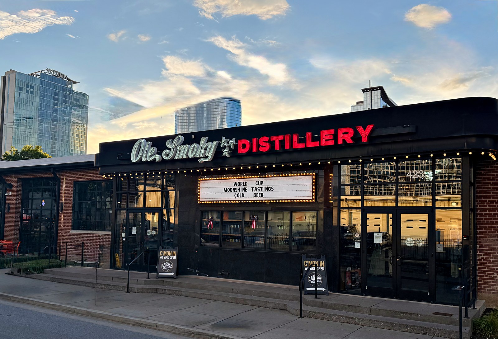 Ole Smoky Distillery marquee and storefront at 6th and Peabody in SoBro Nashville